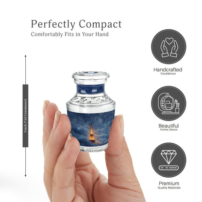Soft Blue Eiffel Tower Cremation Urn top-down view of secure threaded lid - artistic eiffel tower interpretation with creative detail - mini keepsake memorial for portion of cremation ashes
