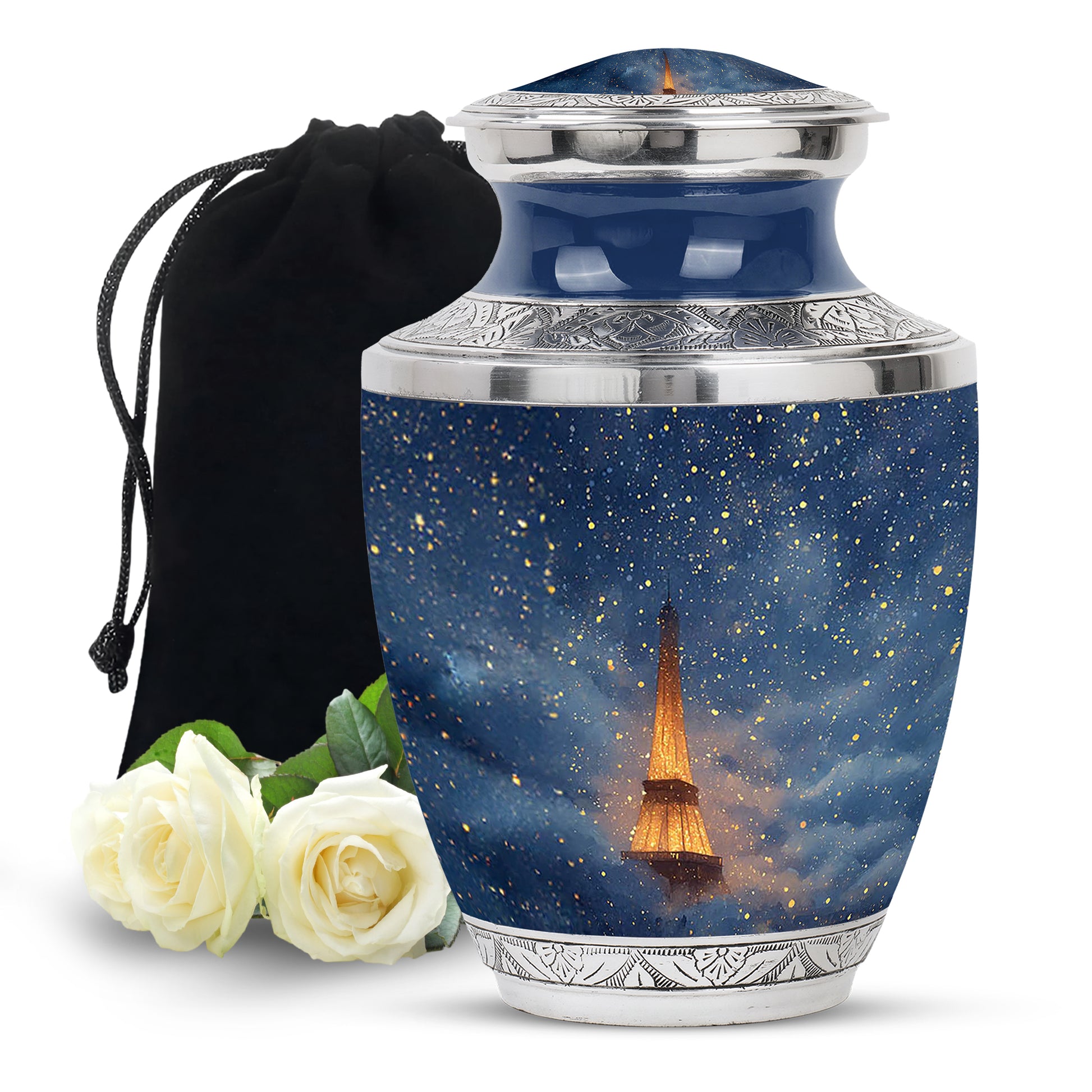 Royal Blue Eiffel Tower Cremation Urn side profile showing urn shape - stylized abstract eiffel tower pattern with bold lines - full-size 10 inch 200 cubic inch adult cremation urn