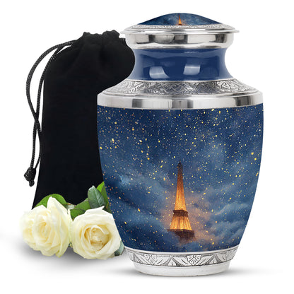 Royal Blue Eiffel Tower Cremation Urn side profile showing urn shape - stylized abstract eiffel tower pattern with bold lines - full-size 10 inch 200 cubic inch adult cremation urn