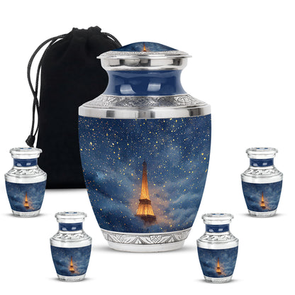 Bright Blue Eiffel Tower Cremation Urn lifestyle display on memorial shelf - artistic eiffel tower interpretation with creative detail - memorial set with one large and four small urns