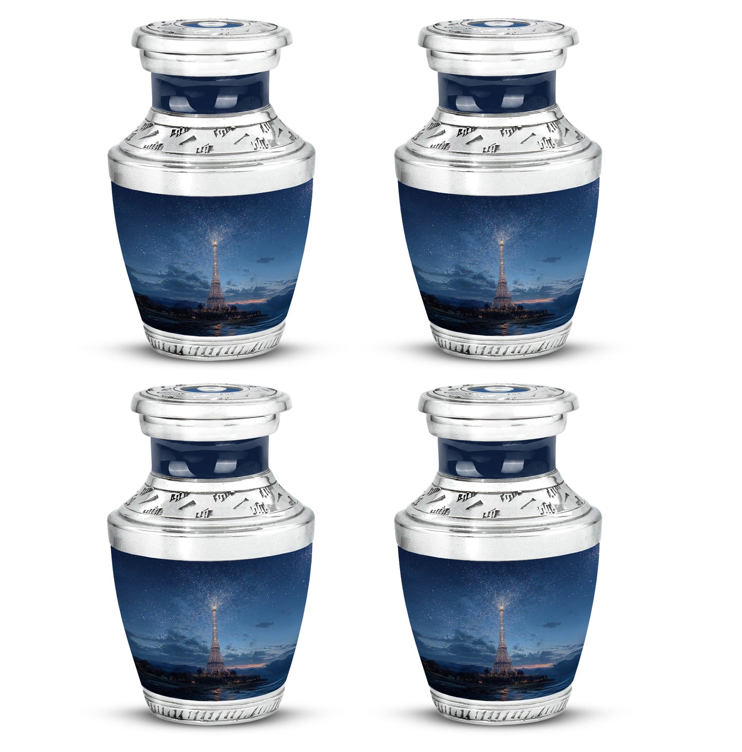 Celestial Blue Eiffel Tower Cremation Urn back view with polished surface - contemporary eiffel tower design with modern artistic flair - 10 inch aluminum urn for cremated remains
