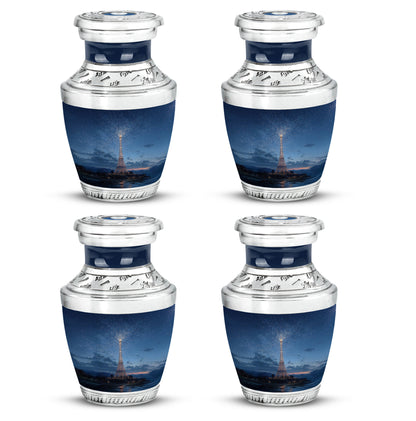 Celestial Blue Eiffel Tower Cremation Urn back view with polished surface - contemporary eiffel tower design with modern artistic flair - 10 inch aluminum urn for cremated remains