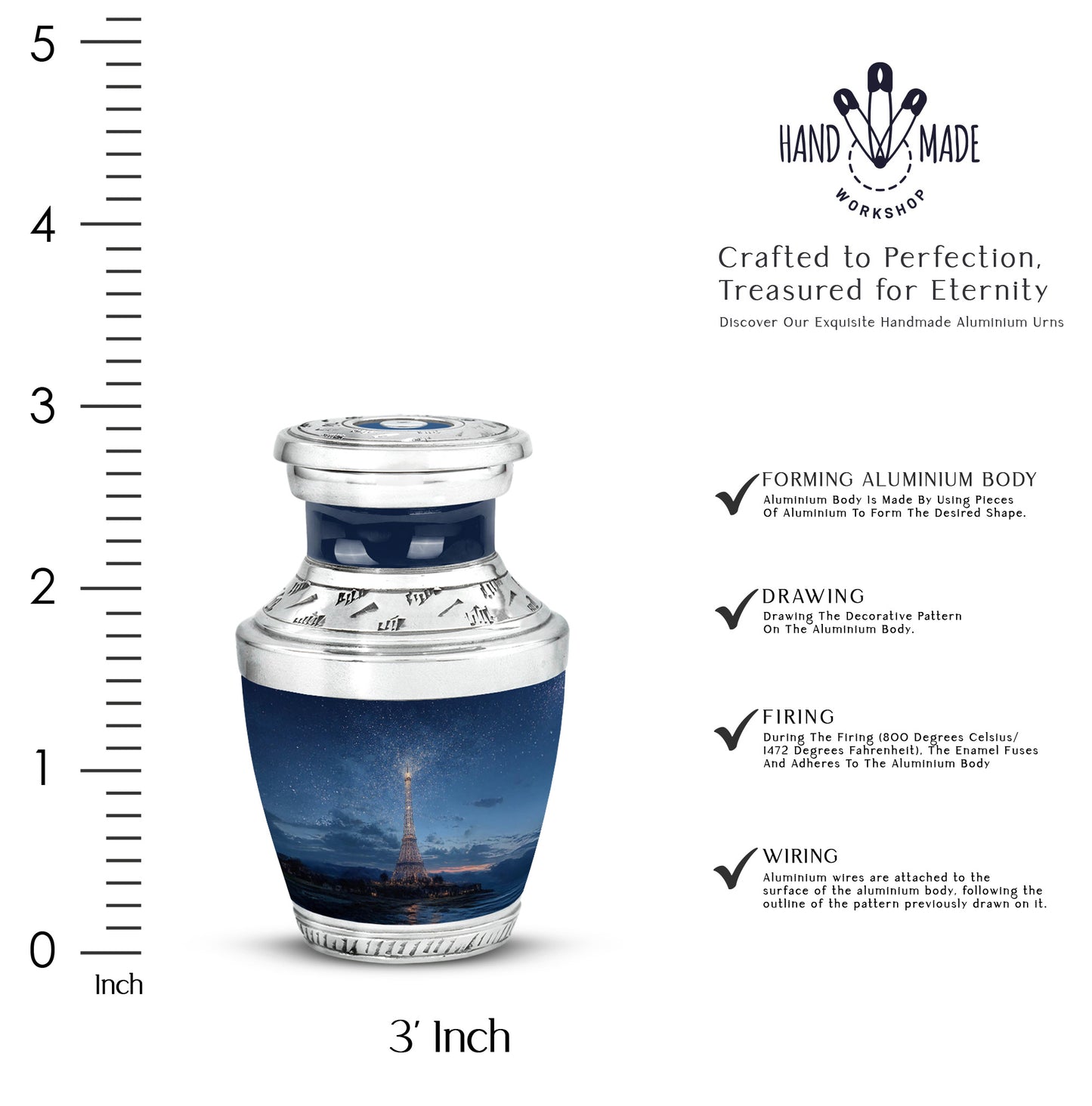 Icy Blue Eiffel Tower Cremation Urn top-down view of secure threaded lid - contemporary eiffel tower design with modern artistic flair - mini keepsake memorial for portion of cremation ashes