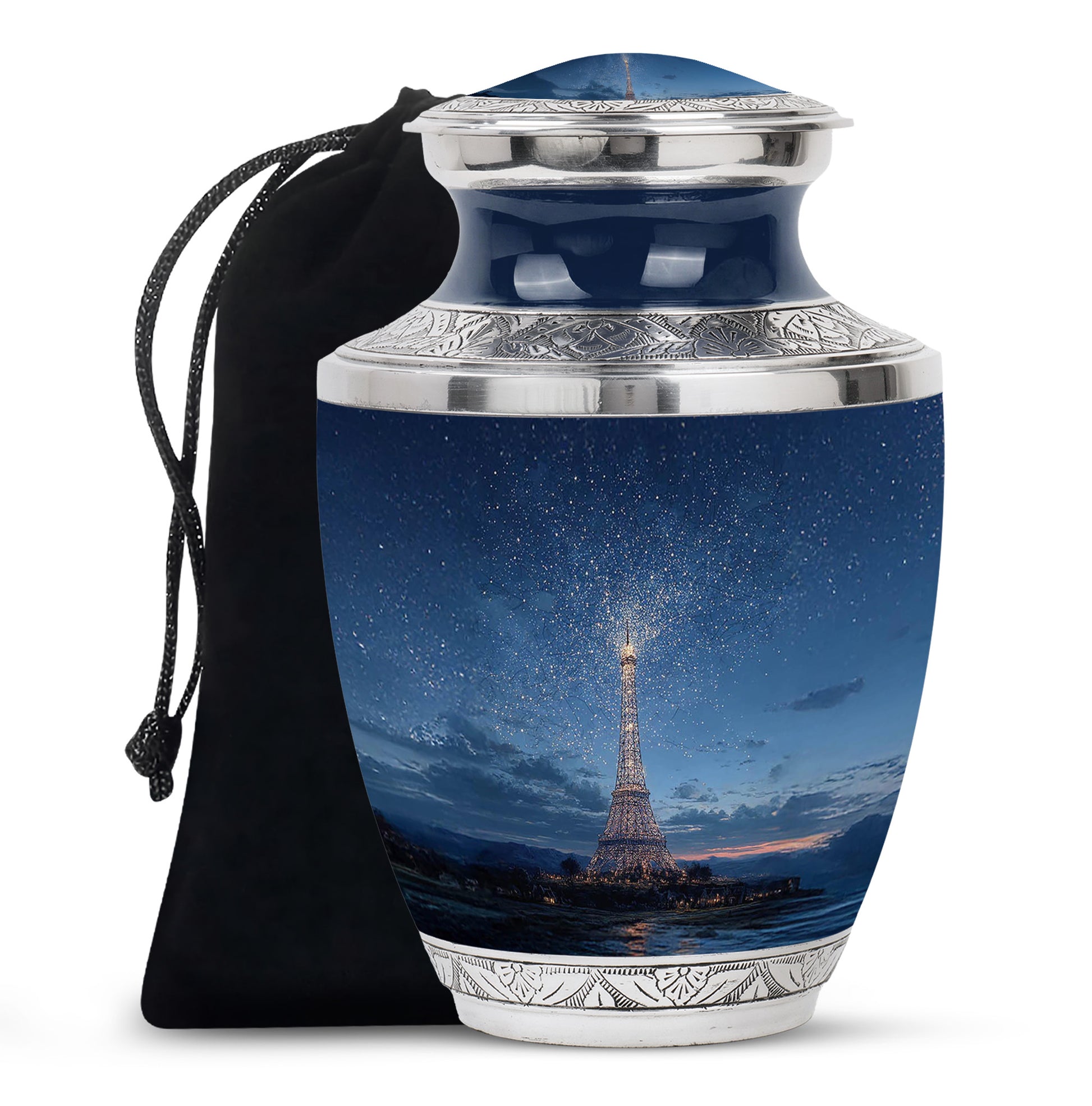 Cornflower Blue Eiffel Tower Cremation Urn side profile showing urn shape - artistic eiffel tower interpretation with creative detail - full-size 10 inch 200 cubic inch adult cremation urn