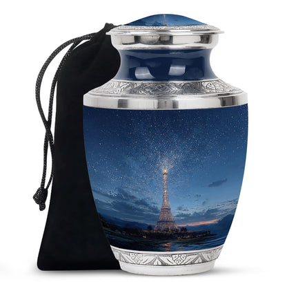 Cornflower Blue Eiffel Tower Cremation Urn side profile showing urn shape - artistic eiffel tower interpretation with creative detail - full-size 10 inch 200 cubic inch adult cremation urn
