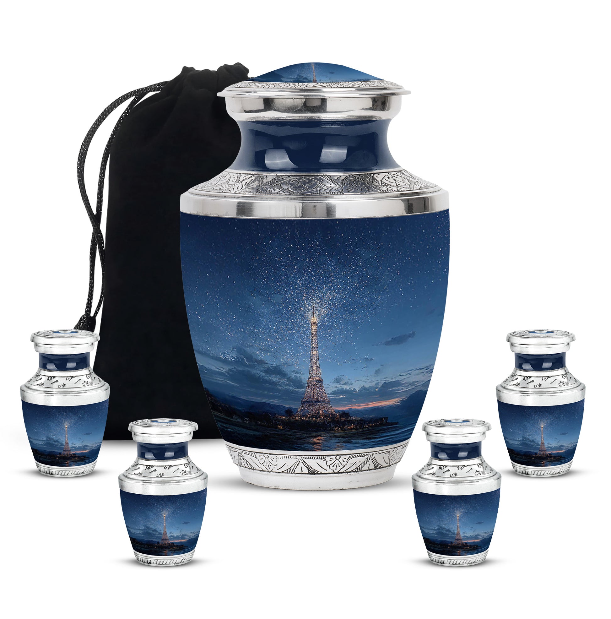 Misty Blue Eiffel Tower Cremation Urn lifestyle display on memorial shelf - modern art-inspired eiffel tower motif on sleek aluminum - memorial set with one large and four small urns