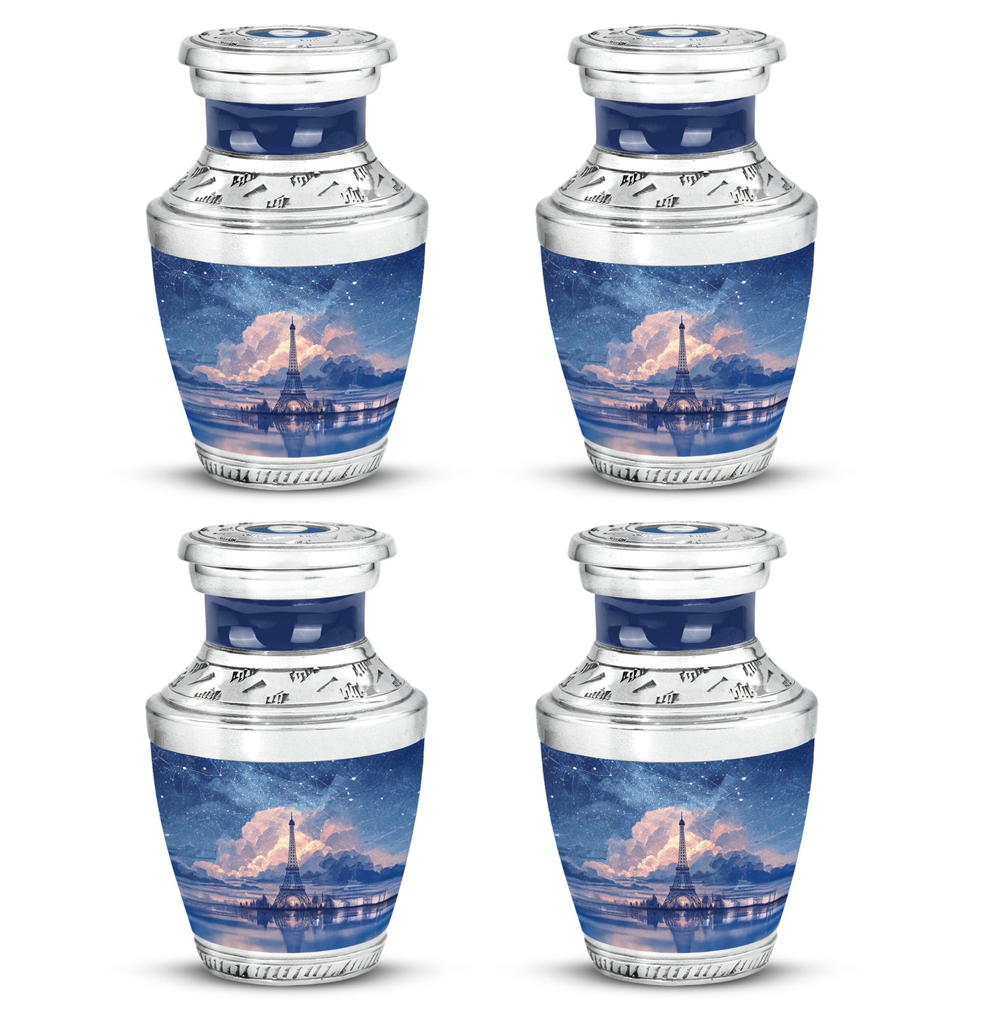 Bright Blue Eiffel Tower Cremation Urn back view with polished surface - stylized abstract eiffel tower pattern with bold lines - 10 inch aluminum urn for cremated remains