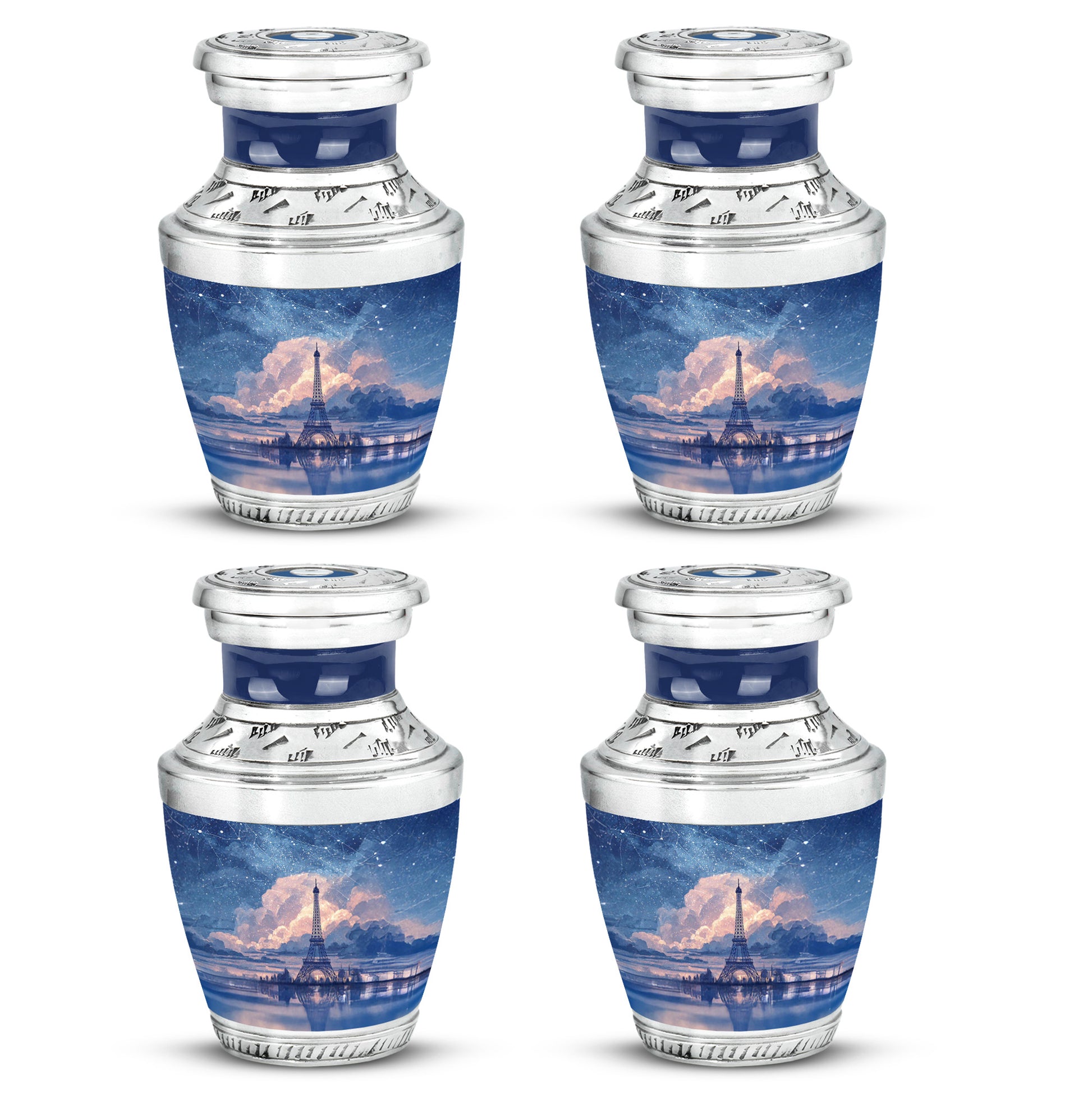 Bright Blue Eiffel Tower Cremation Urn back view with polished surface - stylized abstract eiffel tower pattern with bold lines - 10 inch aluminum urn for cremated remains