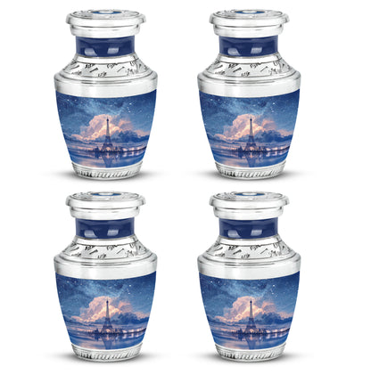 Bright Blue Eiffel Tower Cremation Urn back view with polished surface - stylized abstract eiffel tower pattern with bold lines - 10 inch aluminum urn for cremated remains
