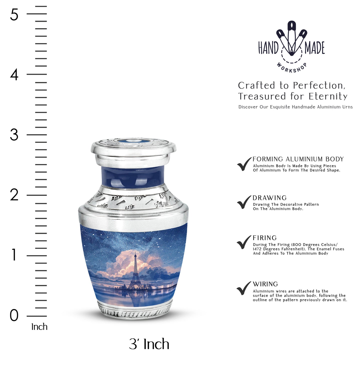 Pastel Blue Eiffel Tower Cremation Urn top-down view of secure threaded lid - contemporary eiffel tower design with modern artistic flair - mini keepsake memorial for portion of cremation ashes