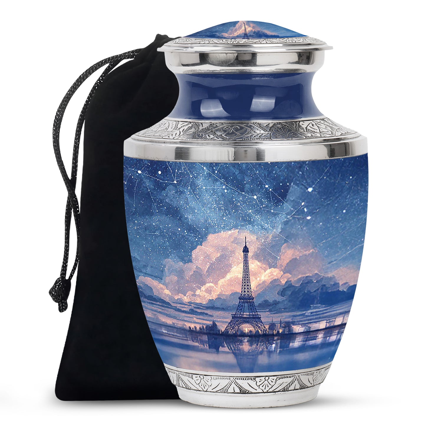 Calming Blue Eiffel Tower Cremation Urn side profile showing urn shape - stylized abstract eiffel tower pattern with bold lines - full-size 10 inch 200 cubic inch adult cremation urn