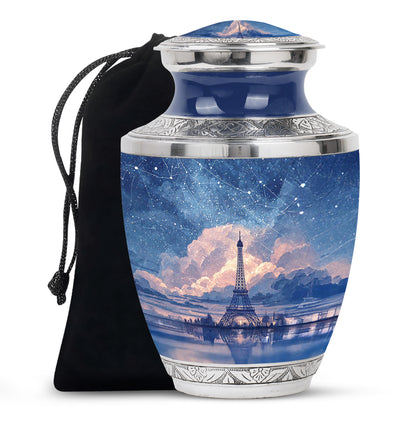 Calming Blue Eiffel Tower Cremation Urn side profile showing urn shape - stylized abstract eiffel tower pattern with bold lines - full-size 10 inch 200 cubic inch adult cremation urn