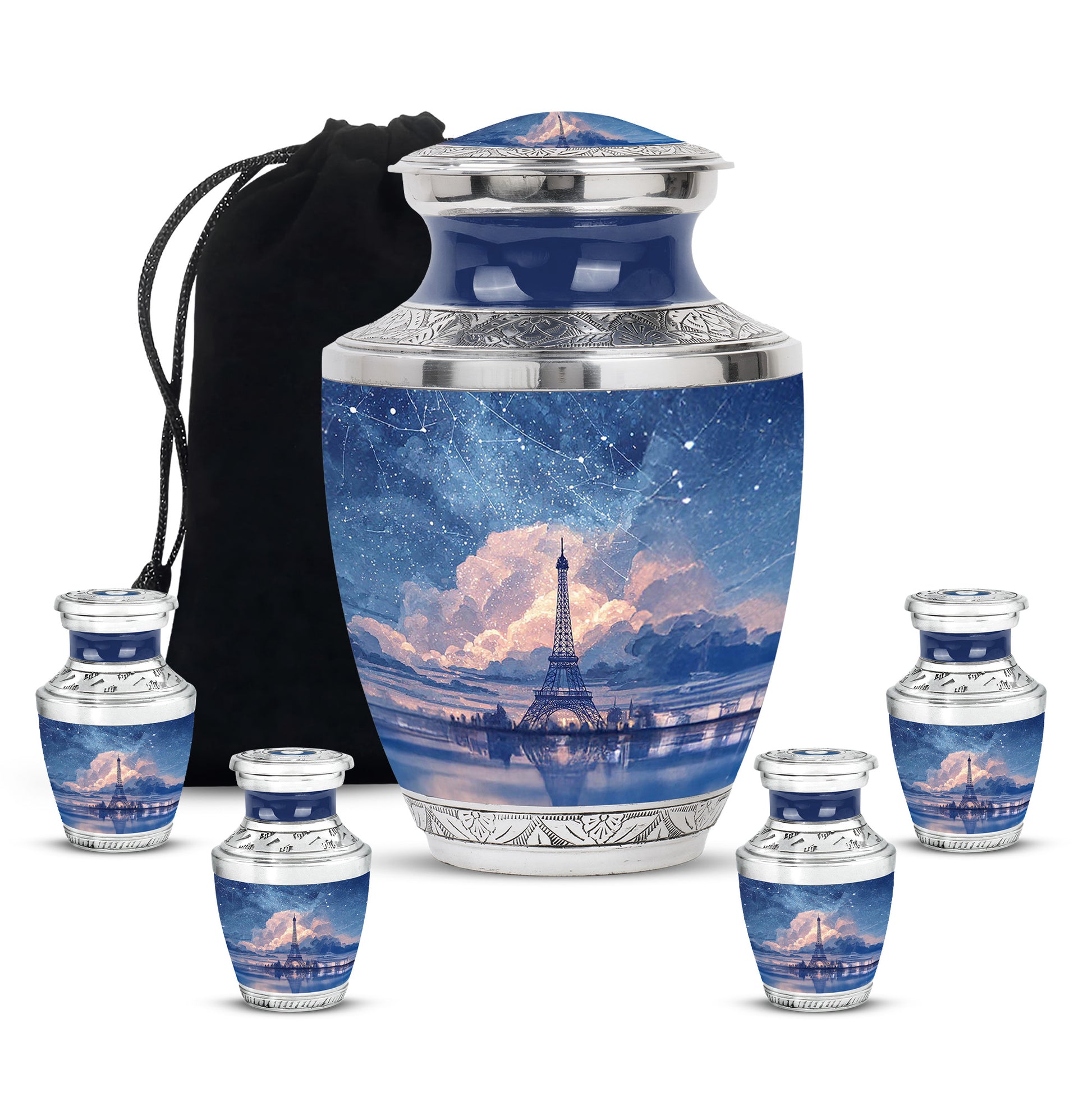 Powder Blue Eiffel Tower Cremation Urn lifestyle display on memorial shelf - contemporary eiffel tower design with modern artistic flair - memorial set with one large and four small urns