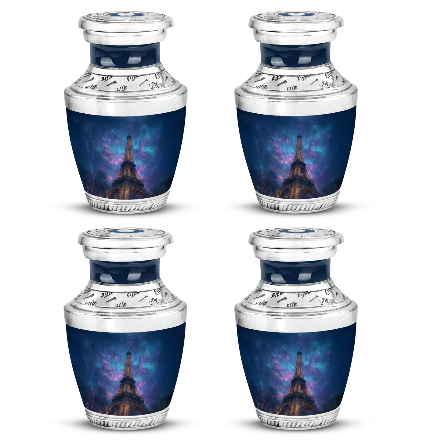 Icy Blue Eiffel Tower Cremation Urn back view with polished surface - contemporary eiffel tower design with modern artistic flair - 10 inch aluminum urn for cremated remains