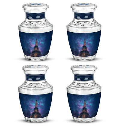 Icy Blue Eiffel Tower Cremation Urn back view with polished surface - contemporary eiffel tower design with modern artistic flair - 10 inch aluminum urn for cremated remains