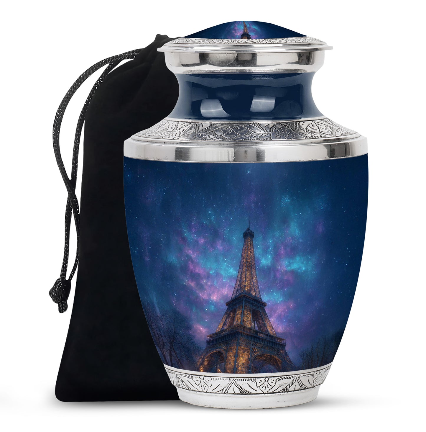 Serene Blue Eiffel Tower Cremation Urn side profile showing urn shape - artistic eiffel tower interpretation with creative detail - full-size 10 inch 200 cubic inch adult cremation urn
