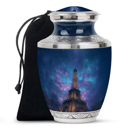 Serene Blue Eiffel Tower Cremation Urn side profile showing urn shape - artistic eiffel tower interpretation with creative detail - full-size 10 inch 200 cubic inch adult cremation urn