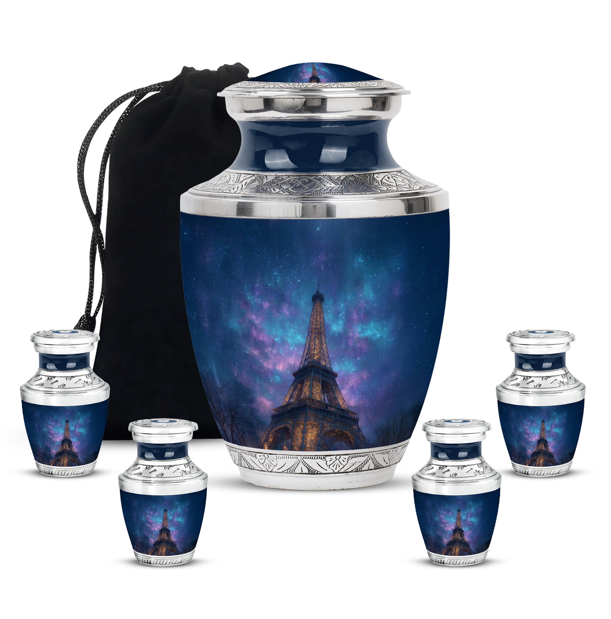 Misty Blue Eiffel Tower Cremation Urn lifestyle display on memorial shelf - modern art-inspired eiffel tower motif on sleek aluminum - memorial set with one large and four small urns