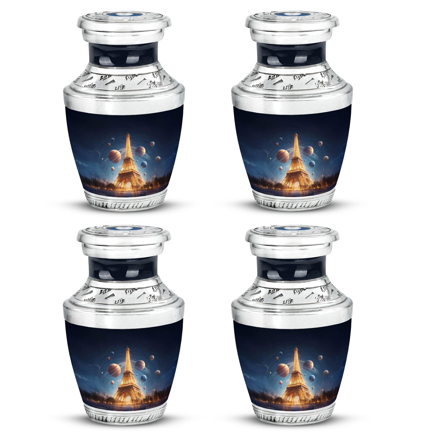 Sapphire Blue Eiffel Tower Cremation Urn back view with polished surface - stylized abstract eiffel tower pattern with bold lines - 10 inch aluminum urn for cremated remains