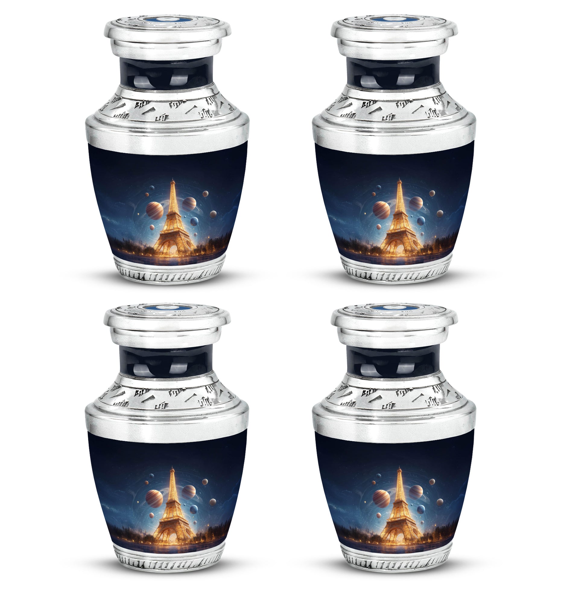 Sapphire Blue Eiffel Tower Cremation Urn back view with polished surface - stylized abstract eiffel tower pattern with bold lines - 10 inch aluminum urn for cremated remains
