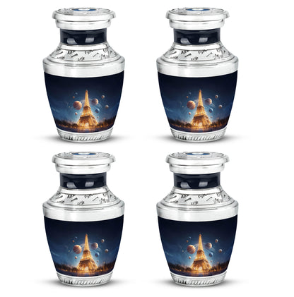 Sapphire Blue Eiffel Tower Cremation Urn back view with polished surface - stylized abstract eiffel tower pattern with bold lines - 10 inch aluminum urn for cremated remains