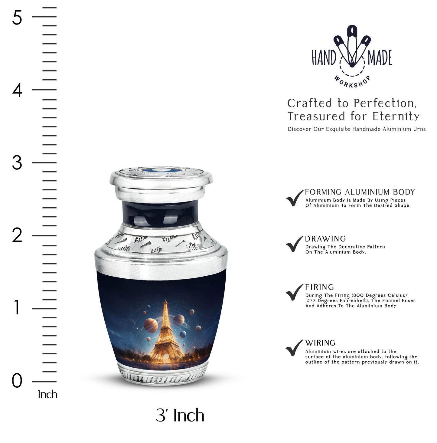 Powder Blue Eiffel Tower Cremation Urn top-down view of secure threaded lid - contemporary eiffel tower design with modern artistic flair - mini keepsake memorial for portion of cremation ashes