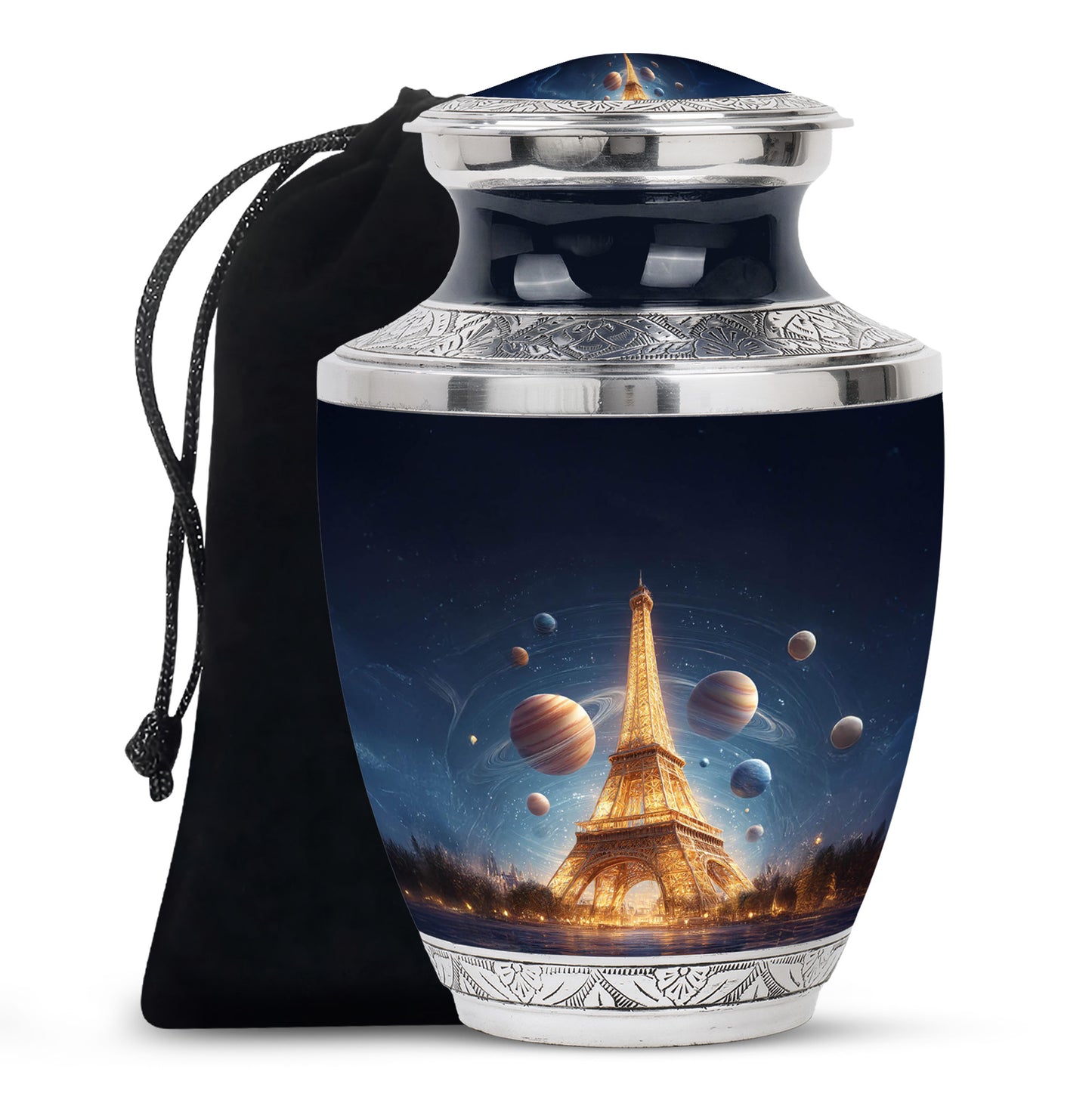 Sky Blue Eiffel Tower Cremation Urn side profile showing urn shape - contemporary eiffel tower design with modern artistic flair - full-size 10 inch 200 cubic inch adult cremation urn