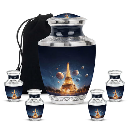 Indigo Eiffel Tower Cremation Urn lifestyle display on memorial shelf - contemporary eiffel tower design with modern artistic flair - memorial set with one large and four small urns