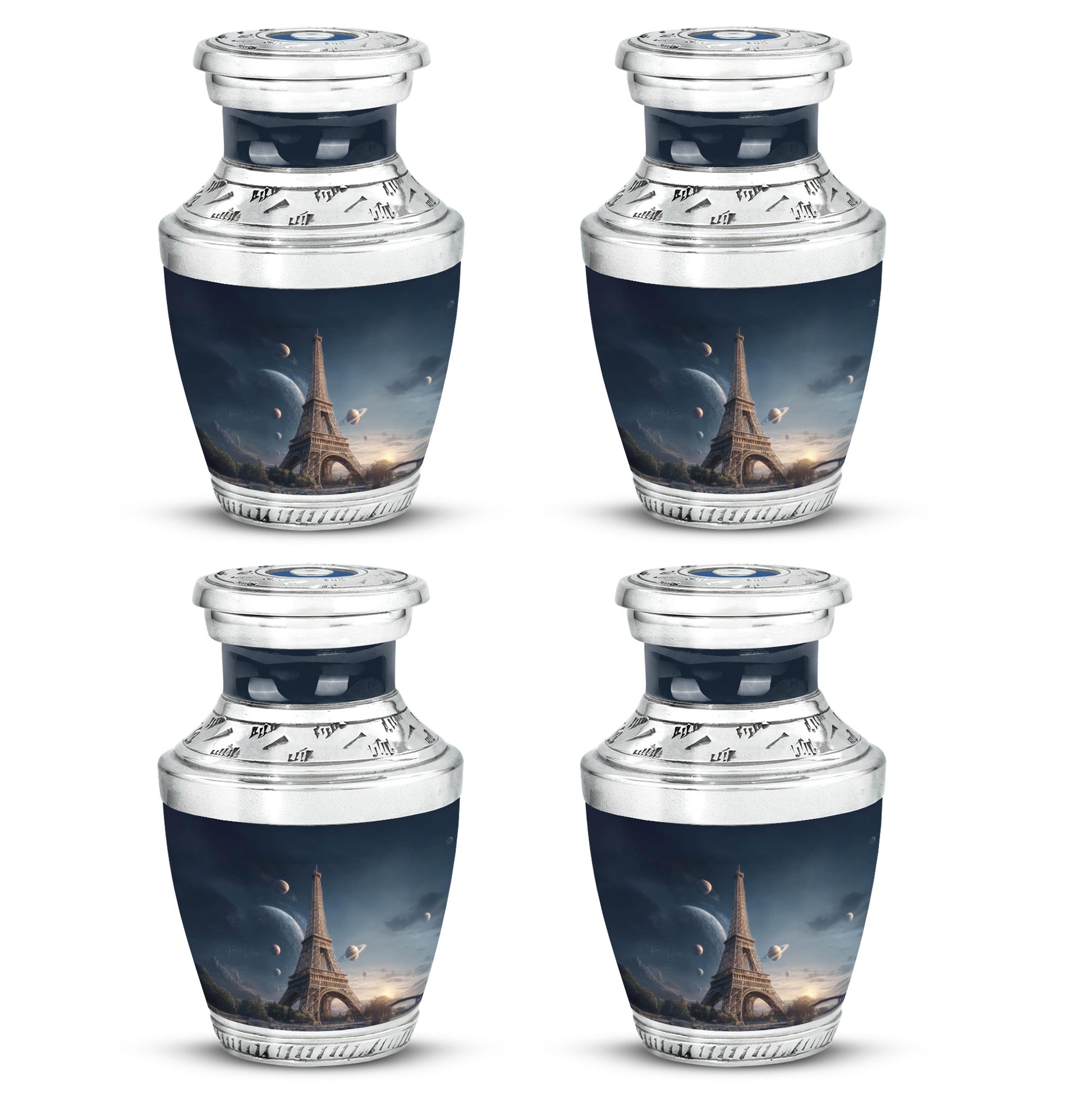 Bright Blue Eiffel Tower Cremation Urn back view with polished surface - stylized abstract eiffel tower pattern with bold lines - 10 inch aluminum urn for cremated remains