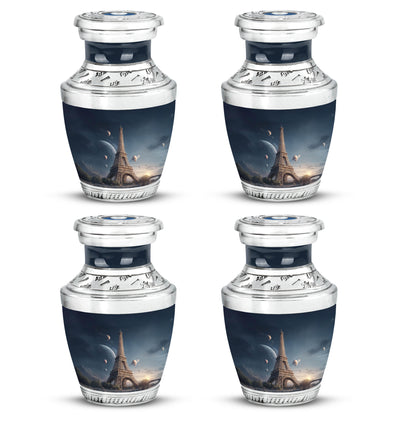 Bright Blue Eiffel Tower Cremation Urn back view with polished surface - stylized abstract eiffel tower pattern with bold lines - 10 inch aluminum urn for cremated remains