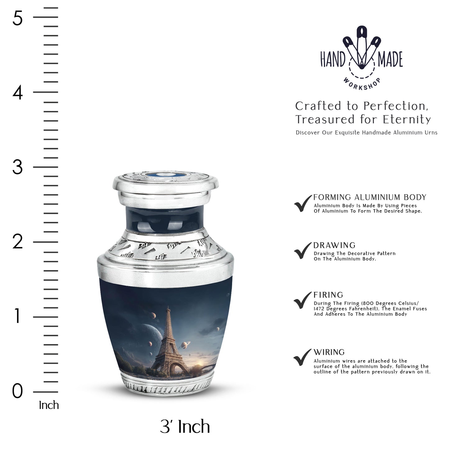 Cobalt Blue Eiffel Tower Cremation Urn top-down view of secure threaded lid - stylized abstract eiffel tower pattern with bold lines - mini keepsake memorial for portion of cremation ashes