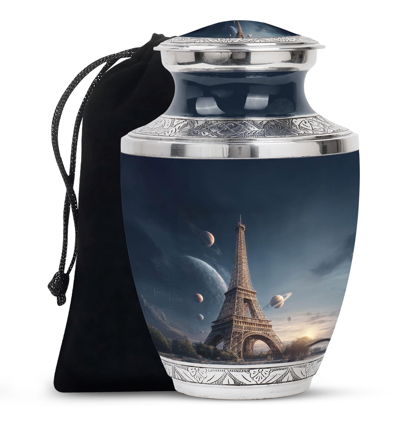 Slate Blue Eiffel Tower Cremation Urn side profile showing urn shape - modern art-inspired eiffel tower motif on sleek aluminum - full-size 10 inch 200 cubic inch adult cremation urn