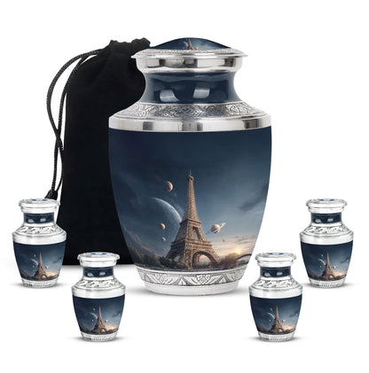 Bright Blue Eiffel Tower Cremation Urn lifestyle display on memorial shelf - artistic eiffel tower interpretation with creative detail - memorial set with one large and four small urns