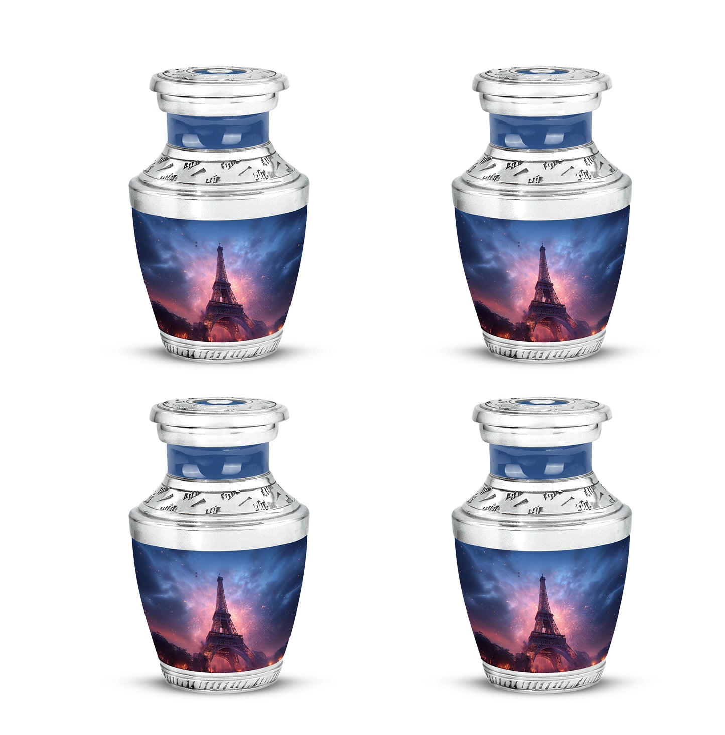 Navy Blue Eiffel Tower Cremation Urn back view with polished surface - contemporary eiffel tower design with modern artistic flair - 10 inch aluminum urn for cremated remains