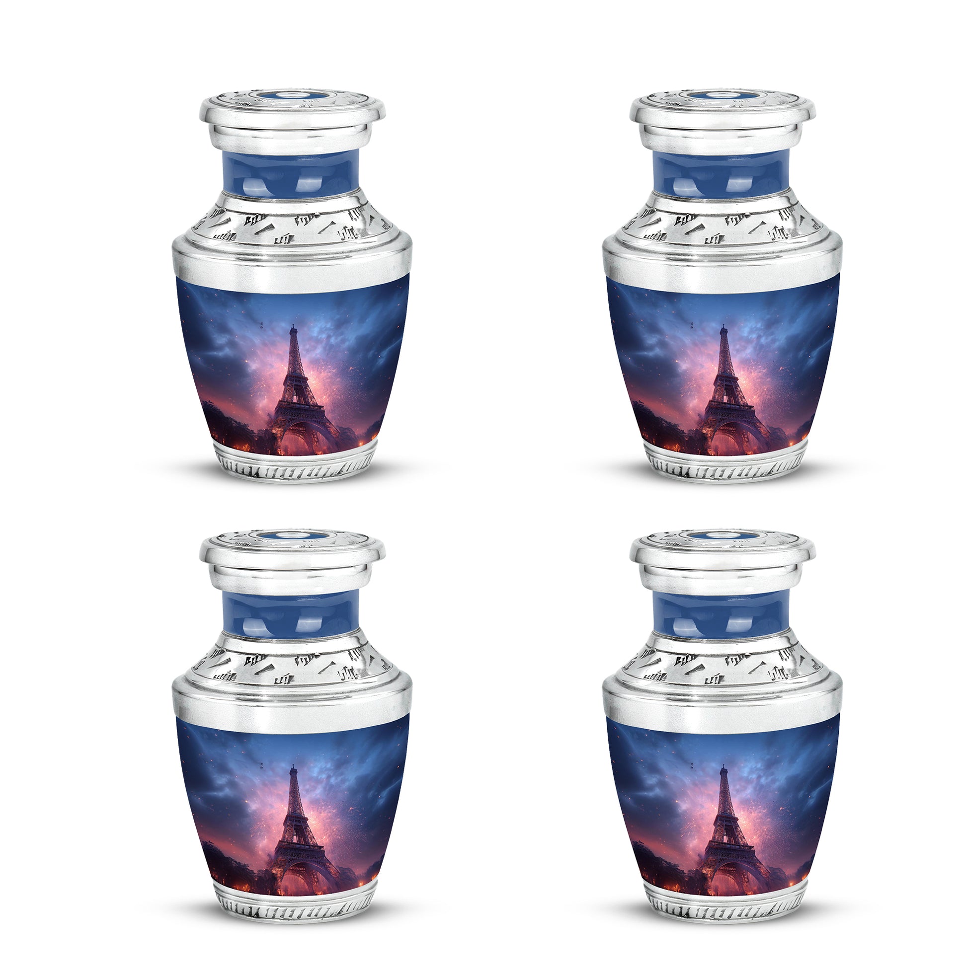 Navy Blue Eiffel Tower Cremation Urn back view with polished surface - contemporary eiffel tower design with modern artistic flair - 10 inch aluminum urn for cremated remains