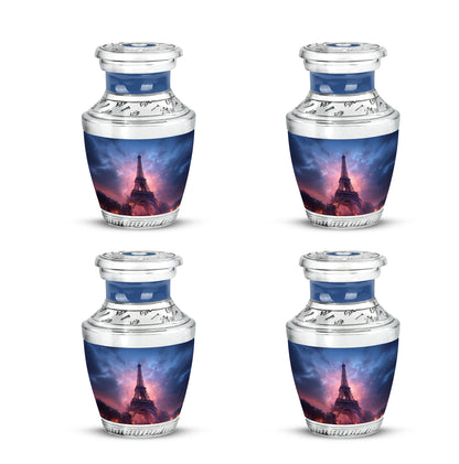 Navy Blue Eiffel Tower Cremation Urn back view with polished surface - contemporary eiffel tower design with modern artistic flair - 10 inch aluminum urn for cremated remains