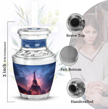Celestial Blue Eiffel Tower Cremation Urn top-down view of secure threaded lid - contemporary eiffel tower design with modern artistic flair - mini keepsake memorial for portion of cremation ashes