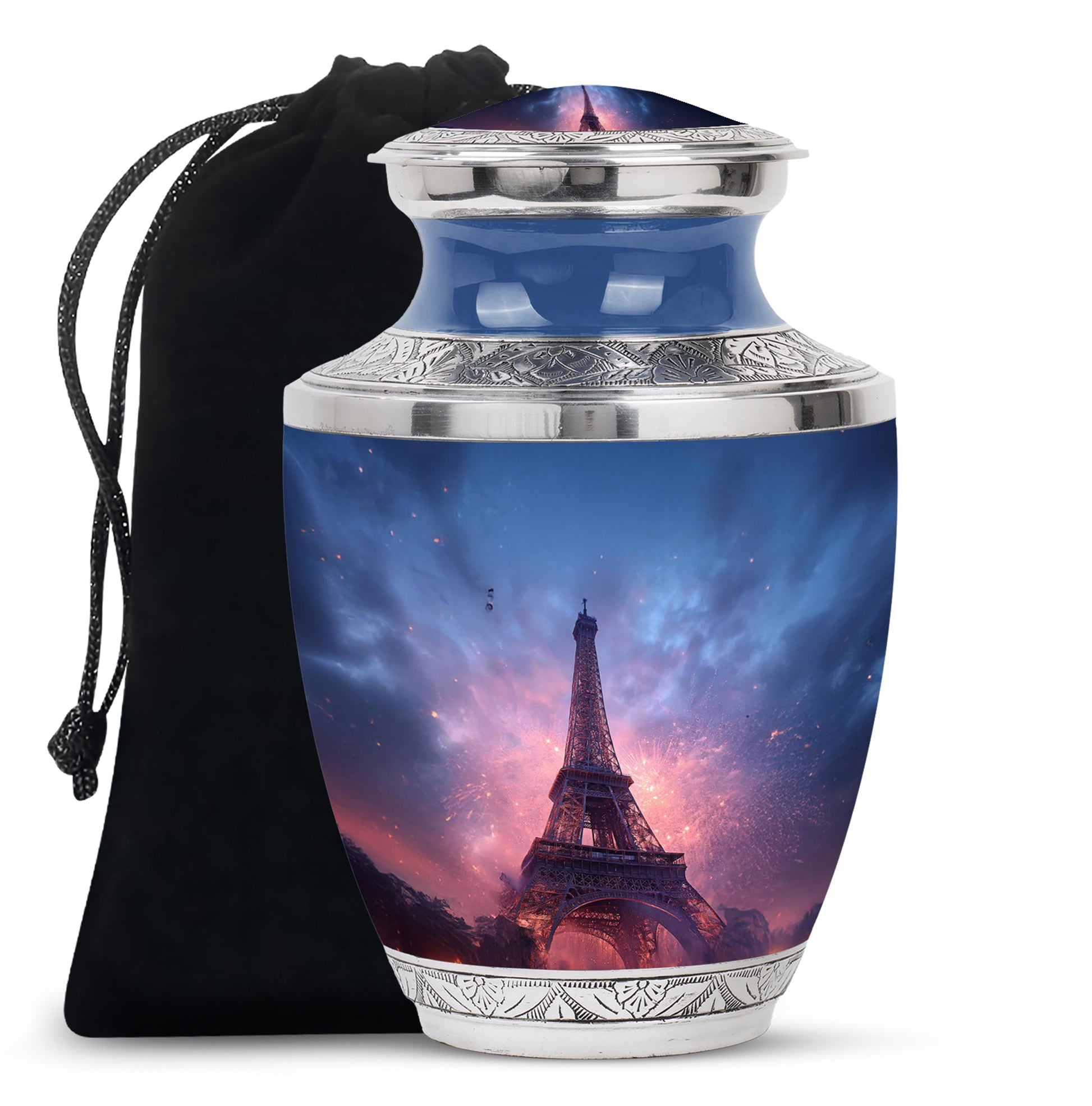 Indigo Eiffel Tower Cremation Urn side profile showing urn shape - contemporary eiffel tower design with modern artistic flair - full-size 10 inch 200 cubic inch adult cremation urn