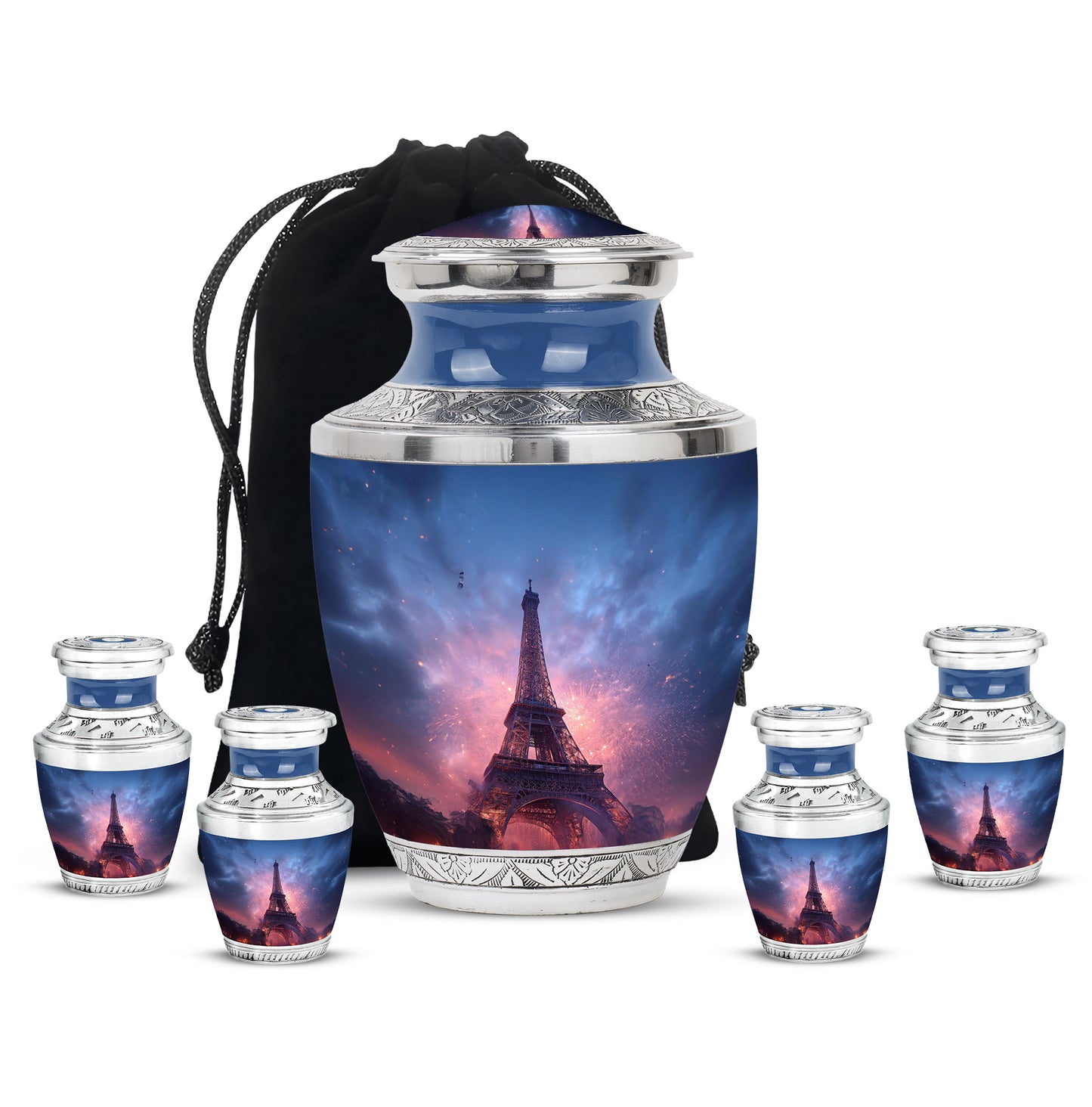 Sapphire Blue Eiffel Tower Cremation Urn lifestyle display on memorial shelf - artistic eiffel tower interpretation with creative detail - memorial set with one large and four small urns