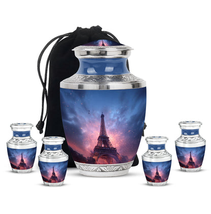 Sapphire Blue Eiffel Tower Cremation Urn lifestyle display on memorial shelf - artistic eiffel tower interpretation with creative detail - memorial set with one large and four small urns