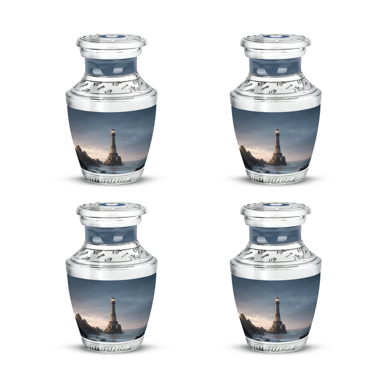 Twilight Blue Eiffel Tower Cremation Urn back view with polished surface - stylized abstract eiffel tower pattern with bold lines - 10 inch aluminum urn for cremated remains
