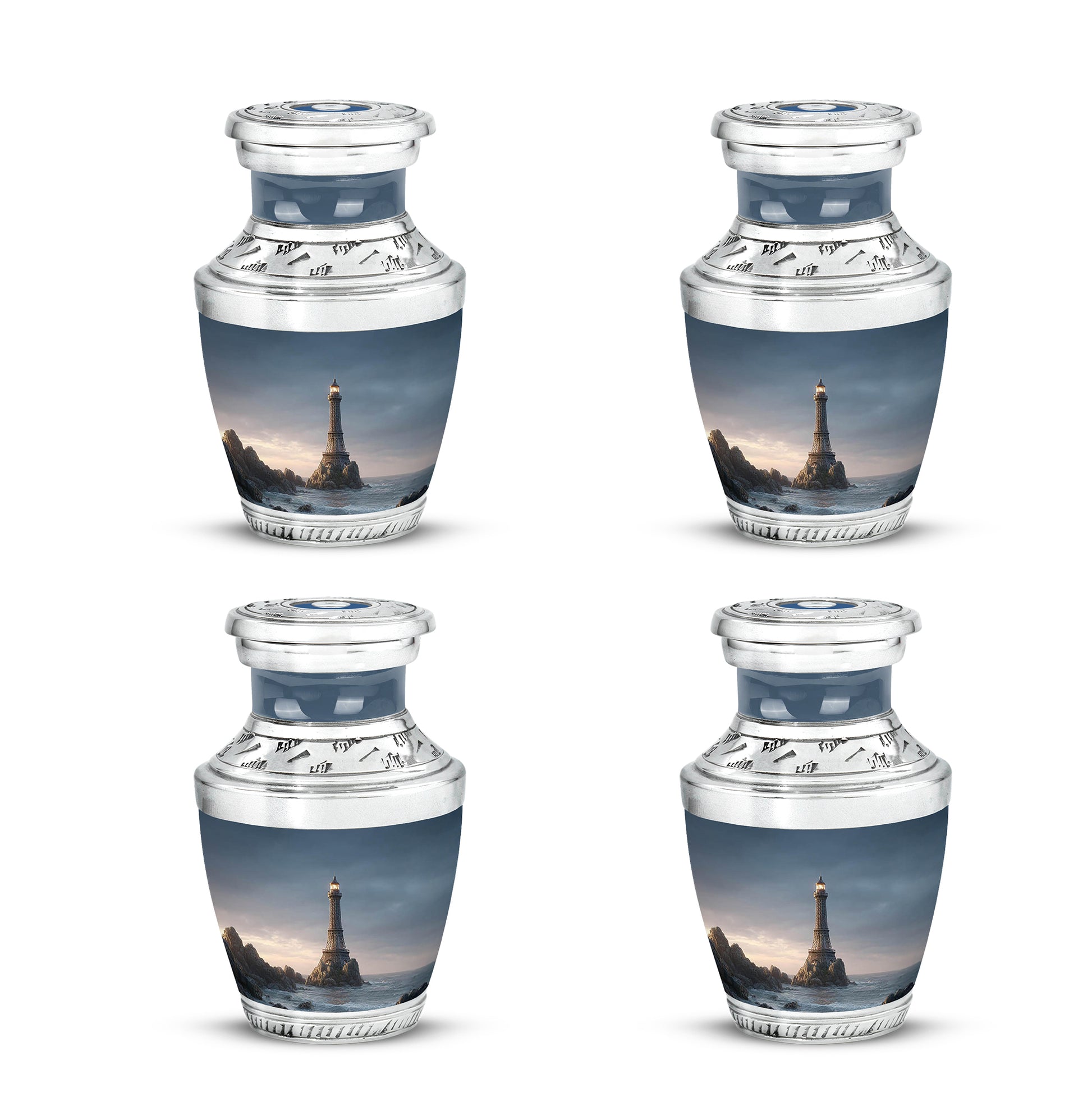 Twilight Blue Eiffel Tower Cremation Urn back view with polished surface - stylized abstract eiffel tower pattern with bold lines - 10 inch aluminum urn for cremated remains
