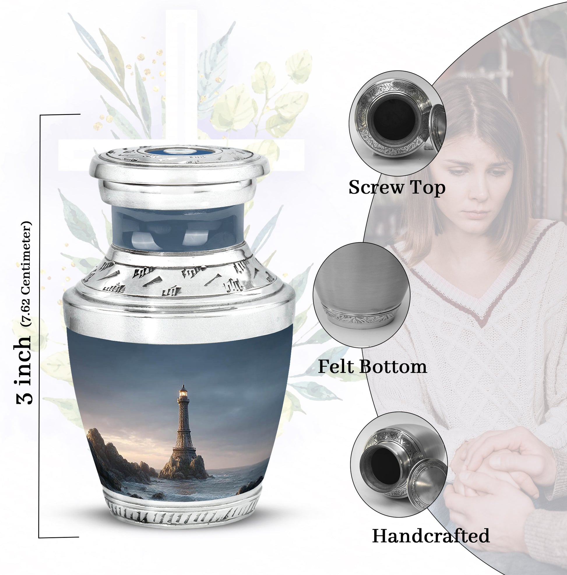 Misty Blue Eiffel Tower Cremation Urn top-down view of secure threaded lid - modern art-inspired eiffel tower motif on sleek aluminum - mini keepsake memorial for portion of cremation ashes