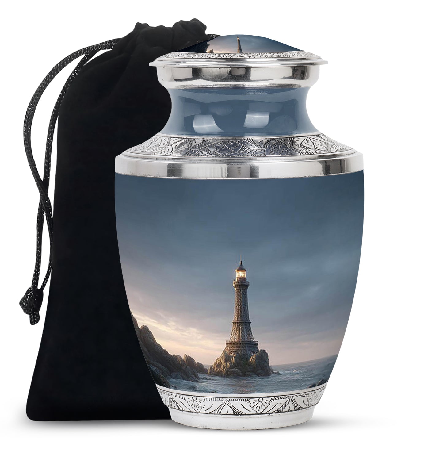Powder Blue Eiffel Tower Cremation Urn side profile showing urn shape - contemporary eiffel tower design with modern artistic flair - full-size 10 inch 200 cubic inch adult cremation urn