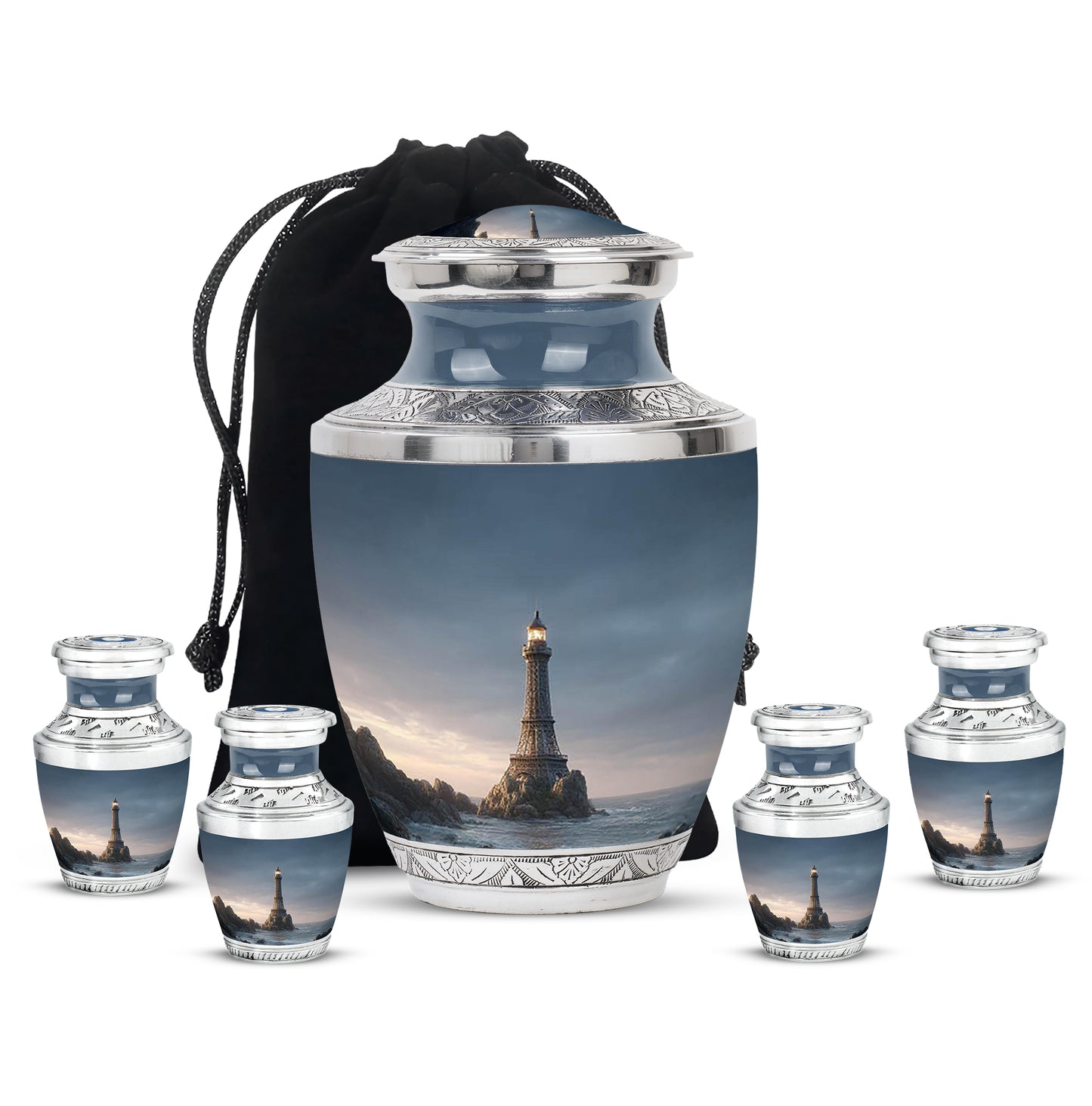 Dusty Blue Eiffel Tower Cremation Urn lifestyle display on memorial shelf - contemporary eiffel tower design with modern artistic flair - memorial set with one large and four small urns
