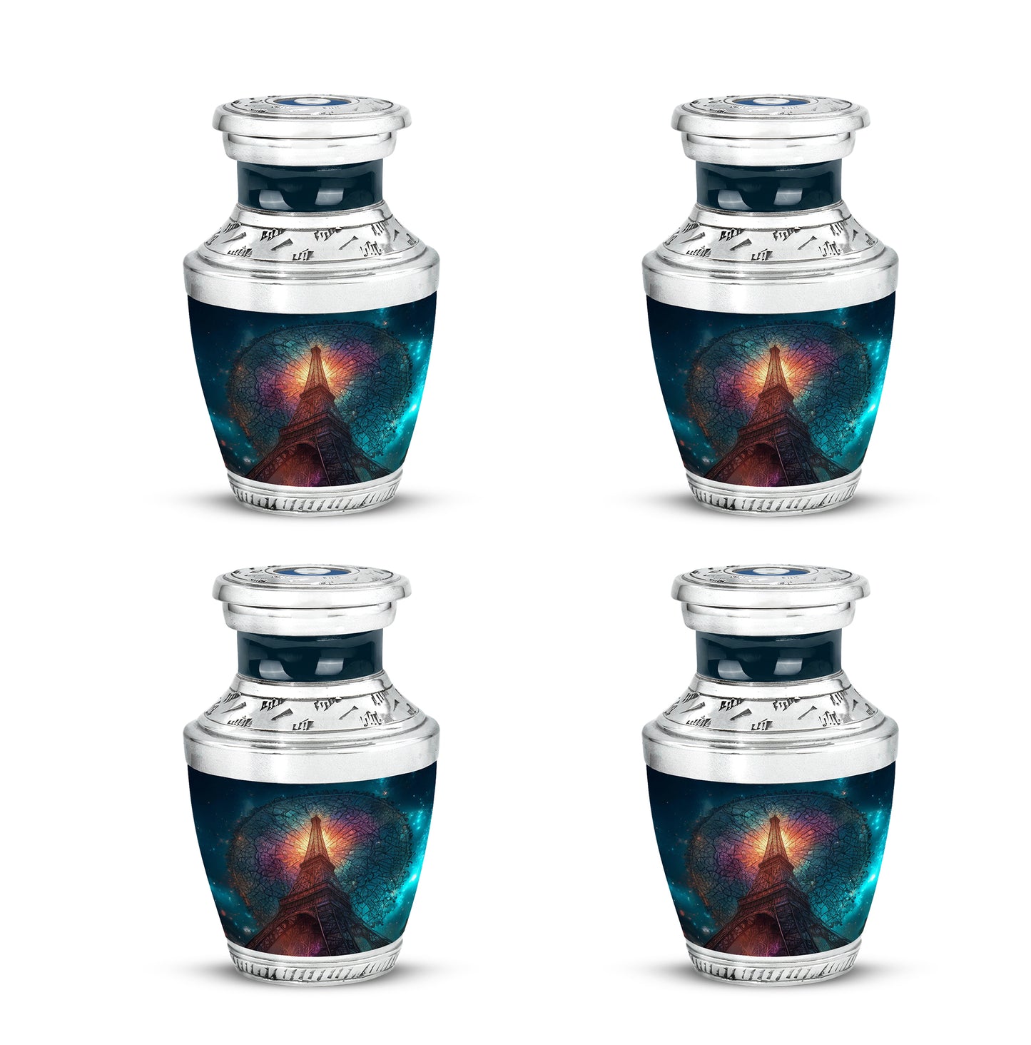 Celestial Blue Eiffel Tower Cremation Urn back view with polished surface - modern art-inspired eiffel tower motif on sleek aluminum - 10 inch aluminum urn for cremated remains