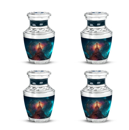 Celestial Blue Eiffel Tower Cremation Urn back view with polished surface - modern art-inspired eiffel tower motif on sleek aluminum - 10 inch aluminum urn for cremated remains