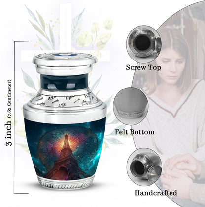 Dusty Blue Eiffel Tower Cremation Urn top-down view of secure threaded lid - contemporary eiffel tower design with modern artistic flair - mini keepsake memorial for portion of cremation ashes