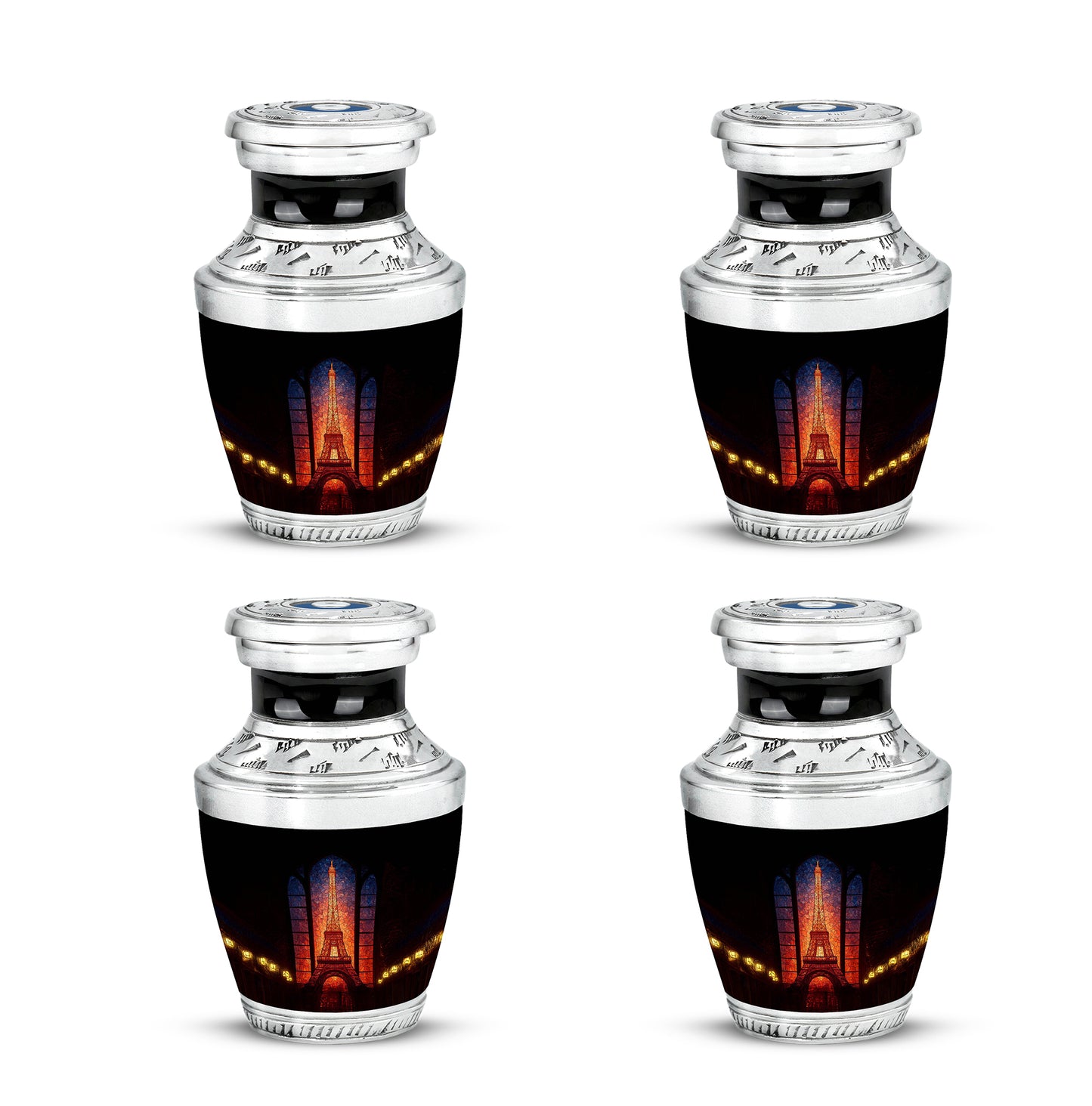 Charcoal Black Eiffel Tower Cremation Urn back view with polished surface - stylized abstract eiffel tower pattern with bold lines - 10 inch aluminum urn for cremated remains