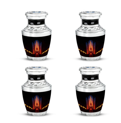 Charcoal Black Eiffel Tower Cremation Urn back view with polished surface - stylized abstract eiffel tower pattern with bold lines - 10 inch aluminum urn for cremated remains